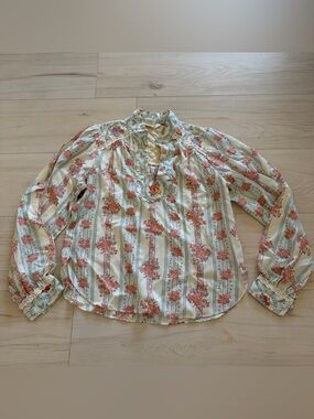 You Babes Vintage Floral Stripe Long-Sleeve Ruffle Neck Blouse